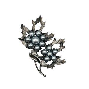 Vintage M. Jent Silver Tone Leaf Brooch with Faux Pearl Grape Flower Clusters